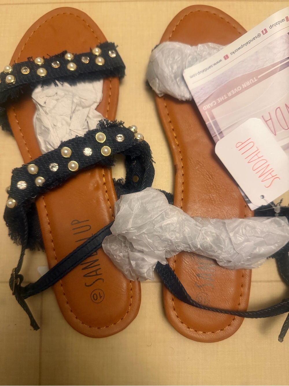 Women's  Pearl-Stud Frayed Strap Sandals